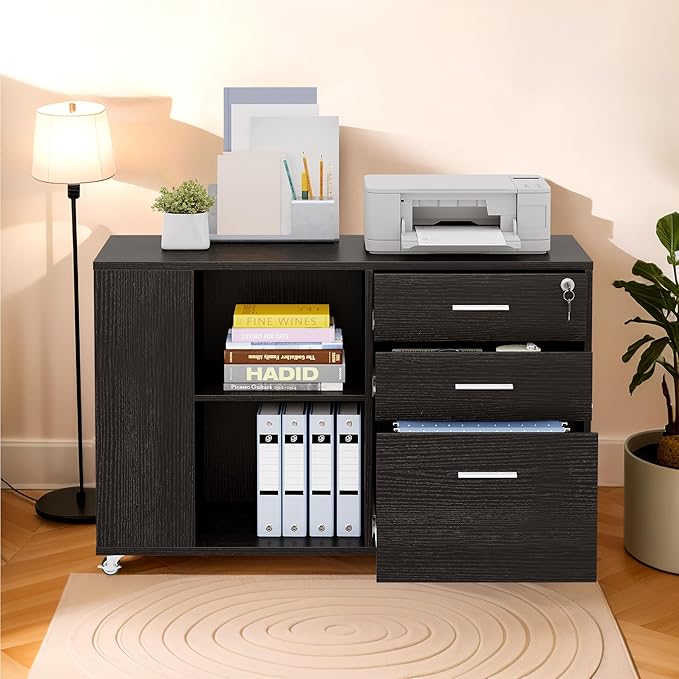 YITAHOME File Cabinet, Mobile Lateral Filing Cabinet with Lock for Home Office, Printer Stand with Open Storage Shelf, Fits A4, Letter, Legal Size Files, Office Furniture, Black