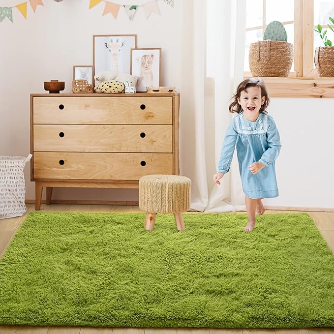 Super Soft Fluffy Shaggy Rugs for Living Room Bedroom, Fuzzy Plush Area Rugs for Girls Kids Room Nursery Home Decor, Furry Dorm Rug Cute Non-Slip Indoor Floor Carpet 5x8 Feet, Green