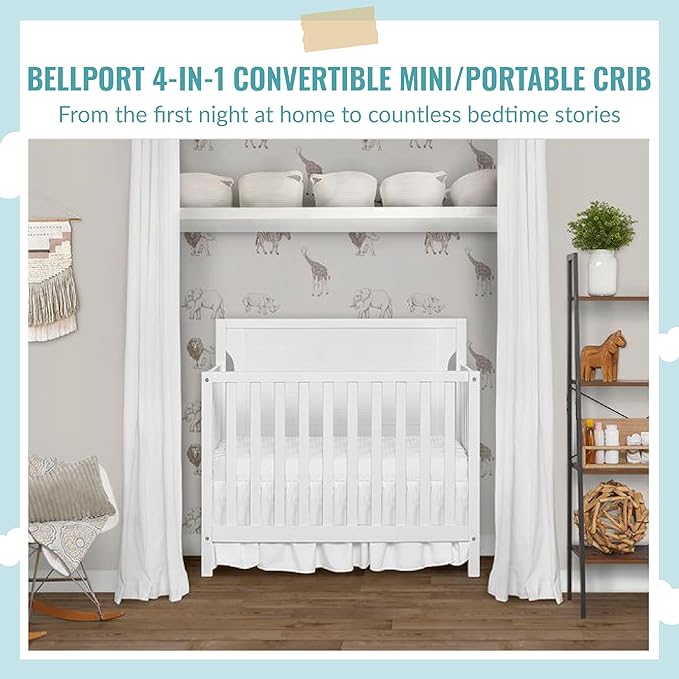 Bellport 4 in 1 Convertible Mini/Portable Crib In White, Non-Toxic Finish, Made of Sustainable New Zealand Pinewood, With 3 Mattress Height Settings