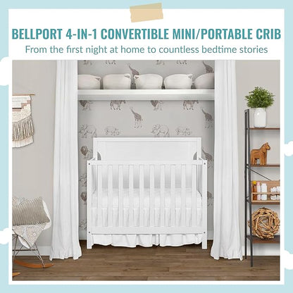 Bellport 4 in 1 Convertible Mini/Portable Crib In White, Non-Toxic Finish, Made of Sustainable New Zealand Pinewood, With 3 Mattress Height Settings