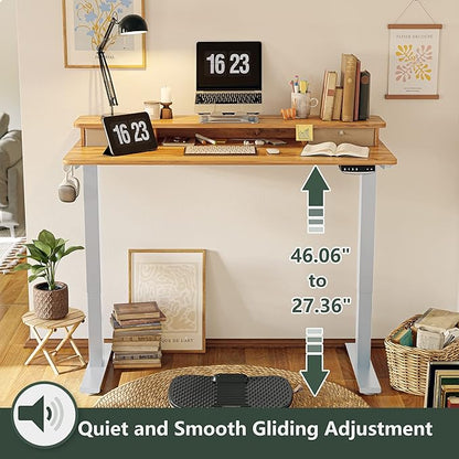 FEZIBO 40 x 24 Inch Height Adjustable Electric Standing Desk with Double Drawer, Stand Up Desk with Storage Shelf, Sit Stand Desk, Light Rustic