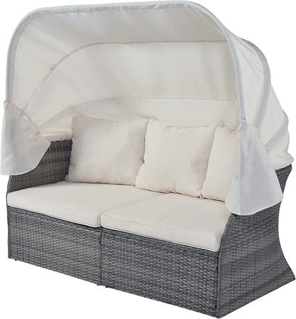 Rectangle Furniture Daybed Sunbed with Retractable Canopy, Outdoor Wicker Conversation Set with Cushions for Patio, Backyard, Porch, Garden, Hc-Beige