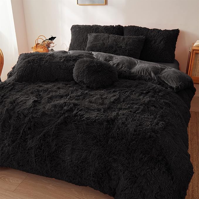 Ultra Soft Black Faux Fur 3 Piece Queen Comforter Set - Plush Fluffy Bedding With Duvet Cover and 2 Pillowcases