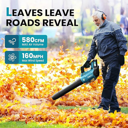 Leaf Blower Cordless, 580CFM/160MPH & 3 Speed Levels, Electric Cordless Leaf Blower with 2 * 4.0Ah Battery Powered, Blowers for Lawn Care, Blower with Extension Nozzle