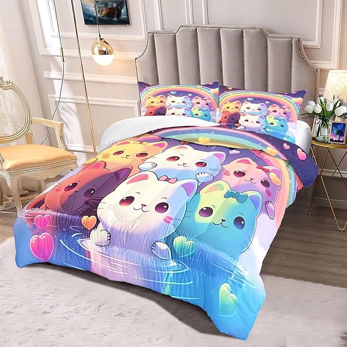 Rainbow Cat Comforter Full Size - Rainbow Cat Bedding for Girls Room Cute Cartoon Rainbow Bedding Full Comforter Sets for Kids, 1 Comforter+2 Pillowcases