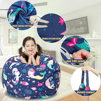Stuffed Animal Storage Bean Bag Chair Cover, Hold Kids Plush Toys Blankets Towels Beanbag (Cover Only), Canvas Floor Circle Stuff Sit Seat Sofa with YKK Zipper, Extra Large 38", Mermaid