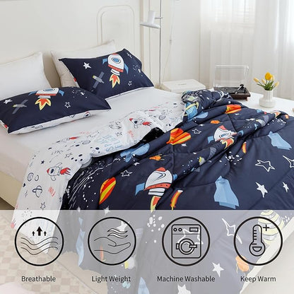 RYNGHIPY Kids Comforter Set Twin Size, Cute Space Rocket Bedding Set for Boys Girls, Space Themed Teen Boy Bedding (Space Rocket,Twin)