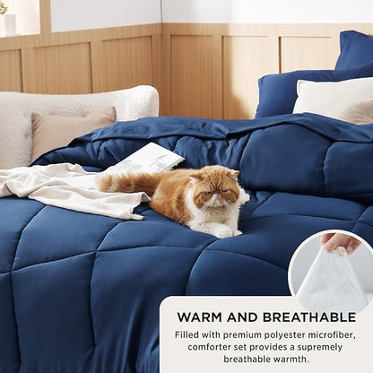Bedsure Navy Bedding Sets Queen - 7 Pieces Solid Queen Bed in a Bag, Queen Bed Set Navy with Quilted Warm Fluffy Comforters, Sheets, Pillowcases & Shams