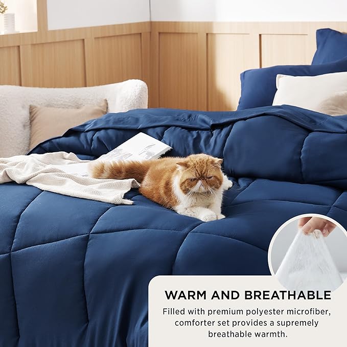 Bedsure Navy King Comforter Set - 7 Pieces Solid King Bed in a Bag, King Bed Set Navy with Quilted Warm Fluffy Comforters, Sheets, Pillowcases & Shams