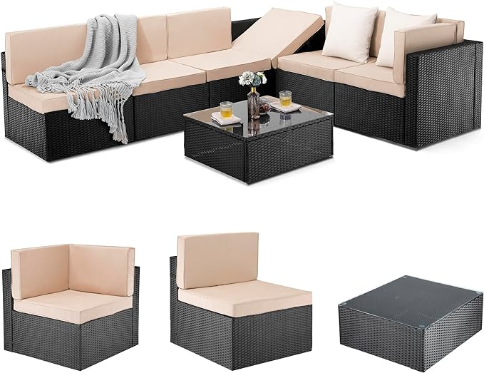 Pamapic 7 Pieces Outdoor Sectional Furniture，Wicker patio sectional furniture sets，All-Weather Rattan Sectional Sofa Conversation Set with Coffee Table and Washable Couch Cushions Covers