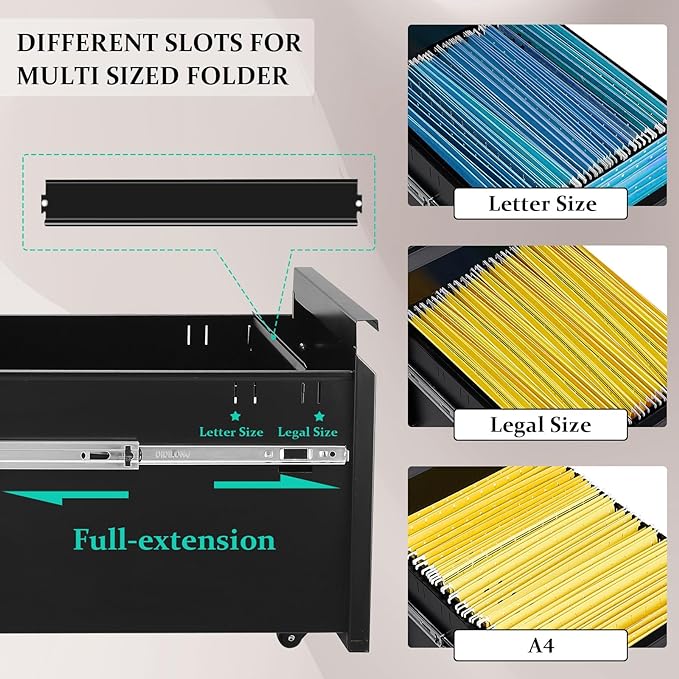 3-Drawer Mobile File Cabinets Rolling Metal Filing Cabinet for Legal & Letter File Anti-tilt Design with Lock Under Desk Office Drawers Fully Assembled Except Casters Black