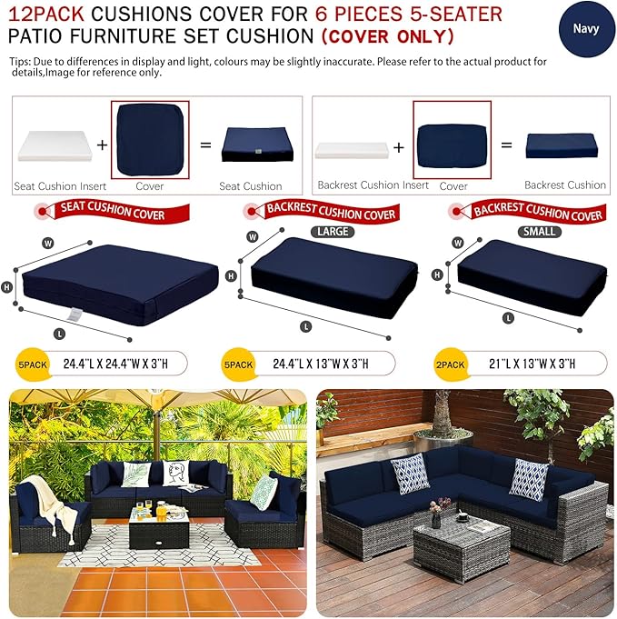 ClawsCover 12Pack Outdoor Seat and Back Cushions Replacement Covers Fit for 6Pieces 5-Seater Wicker Rattan Patio Furniture Conversation Set Sectional Couch Chairs,Navy-Include Cover Only