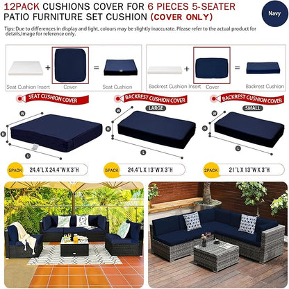 ClawsCover 12Pack Outdoor Seat and Back Cushions Replacement Covers Fit for 6Pieces 5-Seater Wicker Rattan Patio Furniture Conversation Set Sectional Couch Chairs,Navy-Include Cover Only