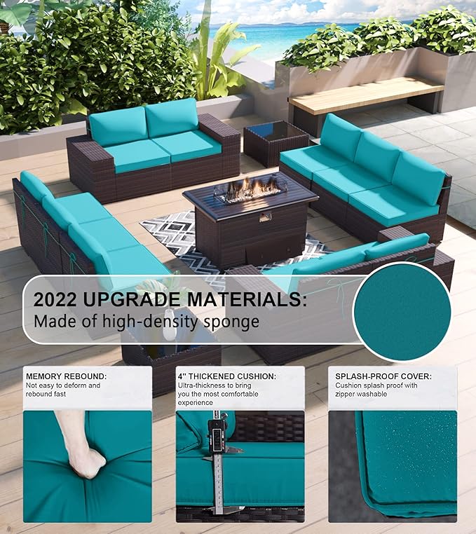 Kullavik 13 Pieces Outdoor Patio Furniture Set with 43" 55000BTU Gas Propane Fire Pit Table PE Wicker Rattan Sectional Sofa Patio Conversation Sets,Blue
