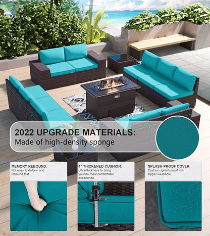 Kullavik 13 Pieces Outdoor Patio Furniture Set with 43" 55000BTU Gas Propane Fire Pit Table PE Wicker Rattan Sectional Sofa Patio Conversation Sets,Blue