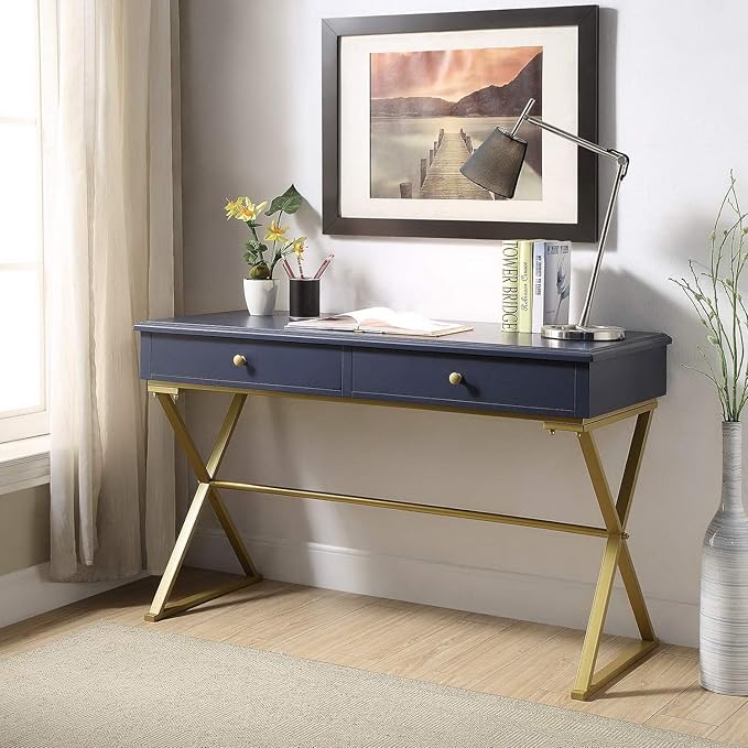 Linon Campaign Desk Navy with Gold Legs, Blue