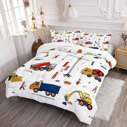 CVHOUSE Tractor Bedding Sets for Boys,Excavators Comforter Queen,Boys Cartoon Truck Comforter Set,Trucks Tractors Cars Quilt Set with 1 Comforter and 2 Pillow Cases- 3 Piece