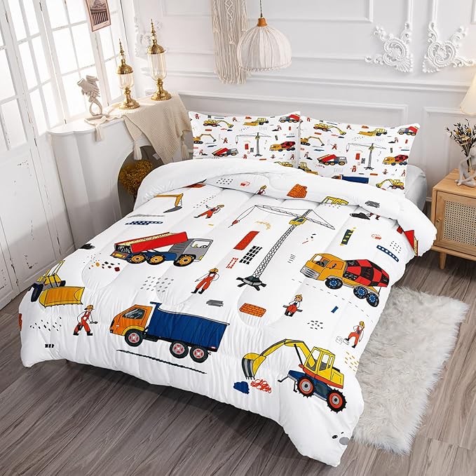 CVHOUSE Tractor Bedding Sets for Boys,Excavators Comforter King,Boys Cartoon Truck Comforter Set,Trucks Tractors Cars Quilt Set with 1 Comforter and 2 Pillow Cases- 3 Piece