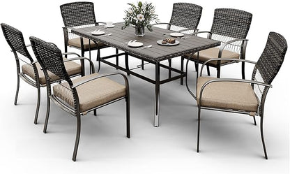 Patio Dining Set for 6, 7 PCS Patio Table & Chair Set, Metal Slatted Table with 2" Umbrella Hole, All-Weather Wicker Patio Dining Furniture with Removable Cushions for Deck, Lawn, Garden(Beige)