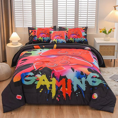 Aimuan Gamer Gaming Bedding Sets 3D Gamepad Comforter Sets for Boys Games Console Action Buttons Novelty Colorful Game Controller Modern Room Decor Home Quilt Set (Black, Twin 6PCS)