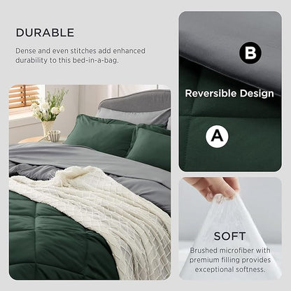 Bedsure Forest Green King Size Comforter Set - 7 Pieces Reversible King Bed in a Bag, King Bed Set Forest Green and Grey with Comforters, Sheets, Pillowcases & Shams