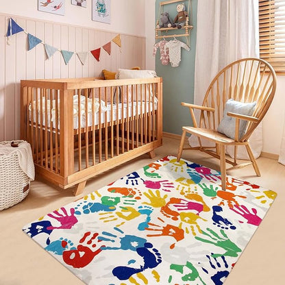 Handprints and Footprints Kids Rug Play Carpet, 4'x6' Washable Colorful Area Rug for Nursery Room, Ultra Soft Non-Slip Indoor Play Mat for Bedroom Playroom Classroom