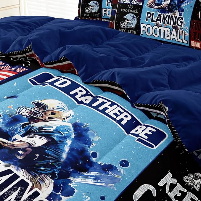 American Football Bedding Twin for Teen Boys, Kids Sports Comforter Set Bed in A Bag, Blue Children Bed Set with Sheets Twin Size