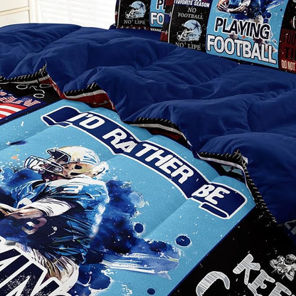 American Football Bedding Twin for Teen Boys, Kids Sports Comforter Set Bed in A Bag, Blue Children Bed Set with Sheets Twin Size