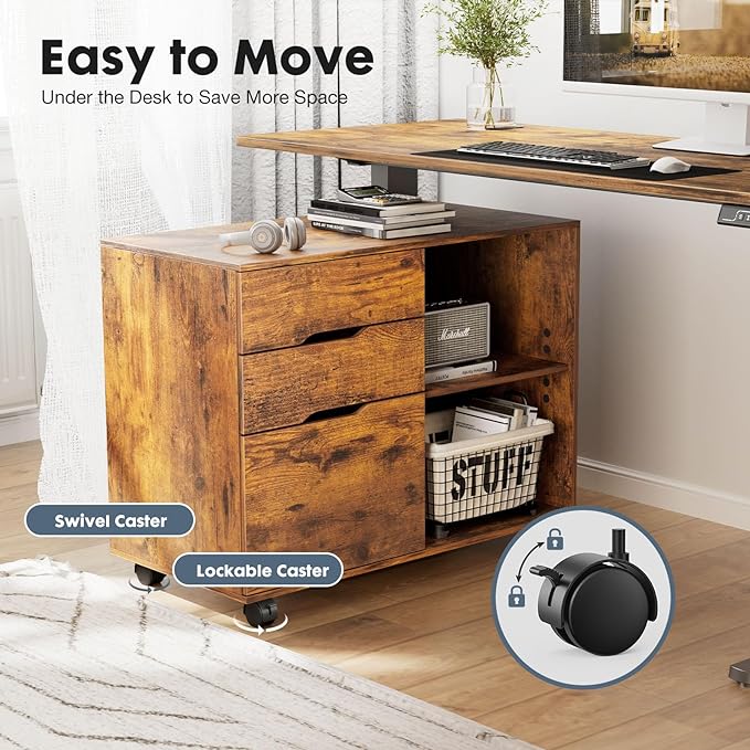 DUMOS Lateral File Cabinet with 3 Drawers Rolling Wooden Printer Stand Under Desk Storage Organizer with 4 Wheels Adjustable Shelf for Office Home, Rustic Brown