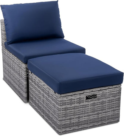 BACKYARD EXPRESSIONS PATIO · HOME · GARDEN w Backyard Expressions 2 Pc. Outdoor Conversation Chair Set with Storage and Ottoman, 250lb Weight Capacity, Navy Blue/Grey Wicker
