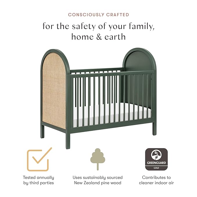 babyletto Bondi Cane 3-in-1 Convertible Crib with Toddler Bed Conversion Kit in Forest Green with Natural Cane, Greenguard Gold Certified