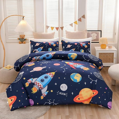 Aimuan Twin Comforter Set Kids Space Rocket Bedding Set Super Soft & Cute Aliens UFO Printed for Teen Boys Girls (Navy, Twin)