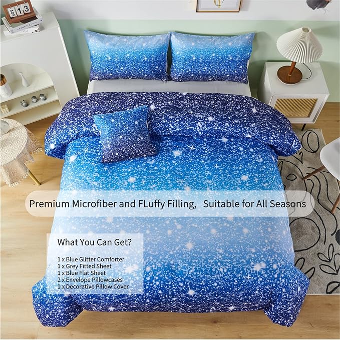 RYNGHIPY 6Pcs Gradient Aqua Blue Navy Ombre Comforter Sets with Sheets Pillowcases, Twin Size Sparkle Glitter Design Comforter Bedding Collections for Kids Boys and Girls