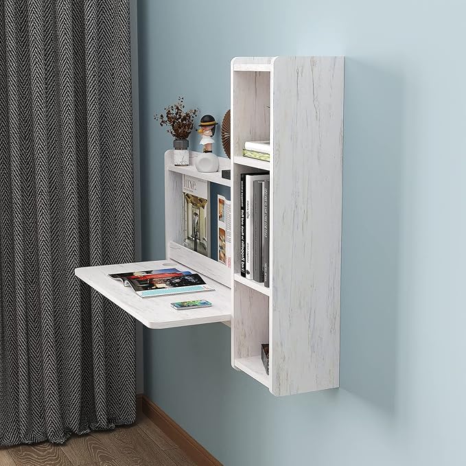 Pmnianhua Floating Desk,41'' Wall Mounted Desk Fold Down Laptop Desk Folding Space Saving Table Workstation with Storage Shelves for Bedroom Study Room Small Space (Off White-Right)