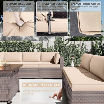 Kullavik 13PCS Outdoor Patio Furniture Set with 43" 55000BTU Gas Propane Fire Pit Table PE Wicker Rattan Sectional Sofa Patio Conversation Sets,Khaki