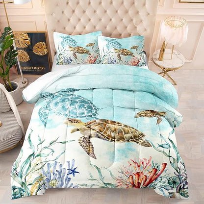 CVHOUSE Sea Turtle Comforter Set,Ocean Watercolor Sea Turtle Bedding Set for Kids Teens,Ocean Sea Turtle Comforter Sea Turtle Duvet Set Room Decor Quilt Set Twin Size
