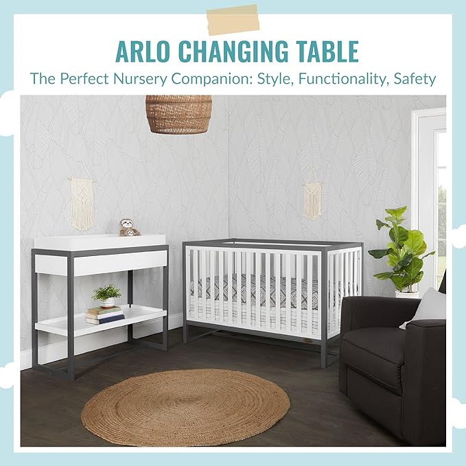 av2023-Dream nontoxic strap-3b688703 Arlo Changing Table, Made of Solid New Zealand Pinewood, Non-Toxic Finish, Comes with Water Resistant Mattress Pad & Safety Strap, Steel Grey And White