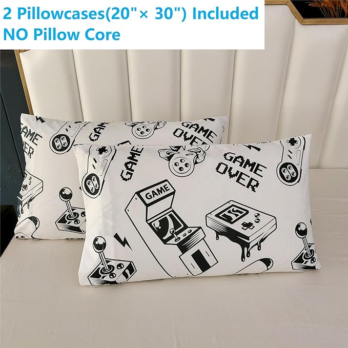 3PCS White Gamer Comforter Set Twin for Boys Girls Teens and Kids, Soft Microfiber Gamer Twin Quilt Bedding Set, Bed in a Bag Lightweight Summer Comforter, Twin