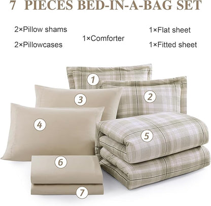 Beige Comforter Full Size, Khaki Green Plaid Full Size Comforter Sets for Boys & Girls,Classic Homestead-style Bedding Sets Full with Full Size Bed Sheets and Comforter Set