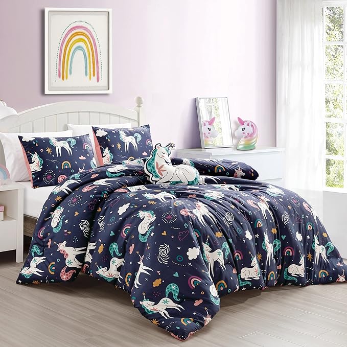 for Kids Unicorn Magic 4-Piece Comforter Set - Beautiful Motif Design Bedding Set with Embrodery Print