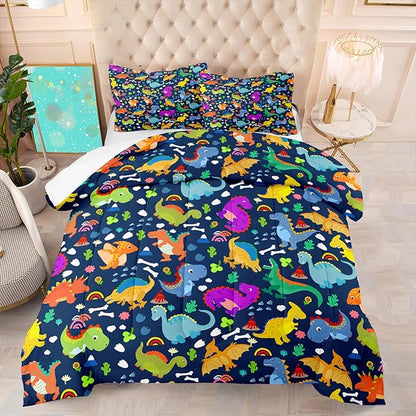 Dinosaur Comforter Set Queen - Cartoon Dinosaur Bedding Boys Comforter Set Soft Breathable Blue Dinosaur Quilt Kids Queen Size Bedding Set for All Season, 1 Comforter 2 Pillowcase