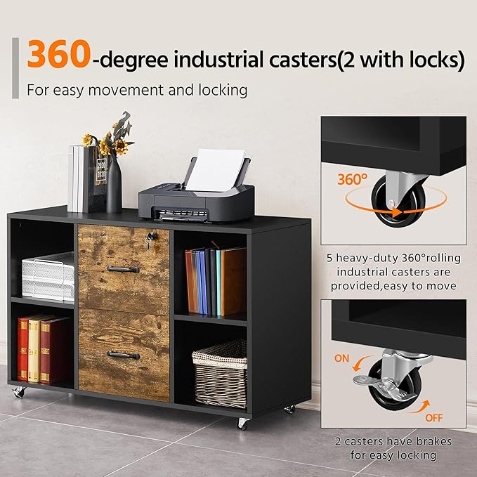 Yaheetech Filing Cabinet Lateral File Cabinet with 2 Drawer and 4 Open Compartments for Letter Size A4 Size, Printer Stand for Home Office, Black/Rustic Brown