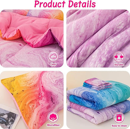 4 Pcs Tie Dye Twin Comforter Set for Girls, Watercolor Marble Abstract Art Superior Kids Bedding Sets Twin Size, Pink Purple Blue Colorful Teenage Girls Comforter Sets