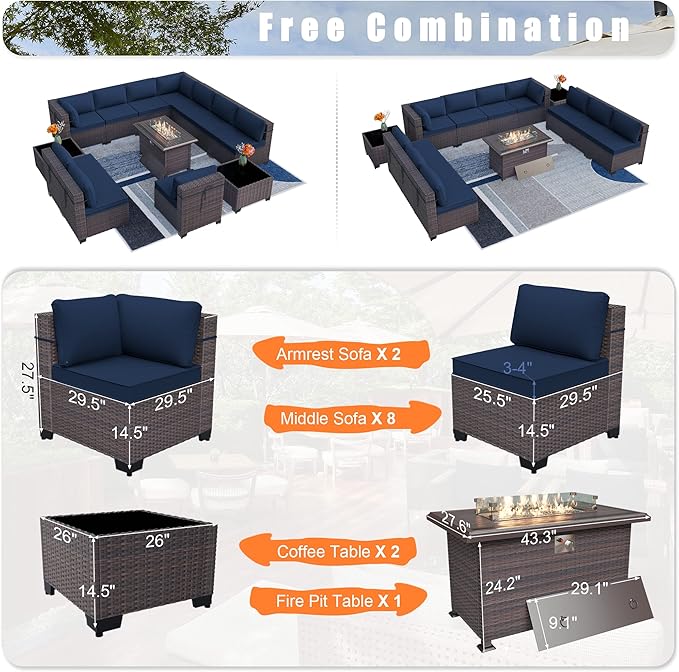 Patio Furniture Set with Fire Pit Table 13 PCS Outdoor Sectional Furniture Outdoor Rattan Patio Conversation Sets with 43in 55,000 BTU Propane Gas Fire Pit Table Glass Table, Navy Blue
