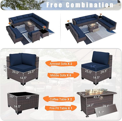 Patio Furniture Set with Fire Pit Table 13 PCS Outdoor Sectional Furniture Outdoor Rattan Patio Conversation Sets with 43in 55,000 BTU Propane Gas Fire Pit Table Glass Table, Navy Blue