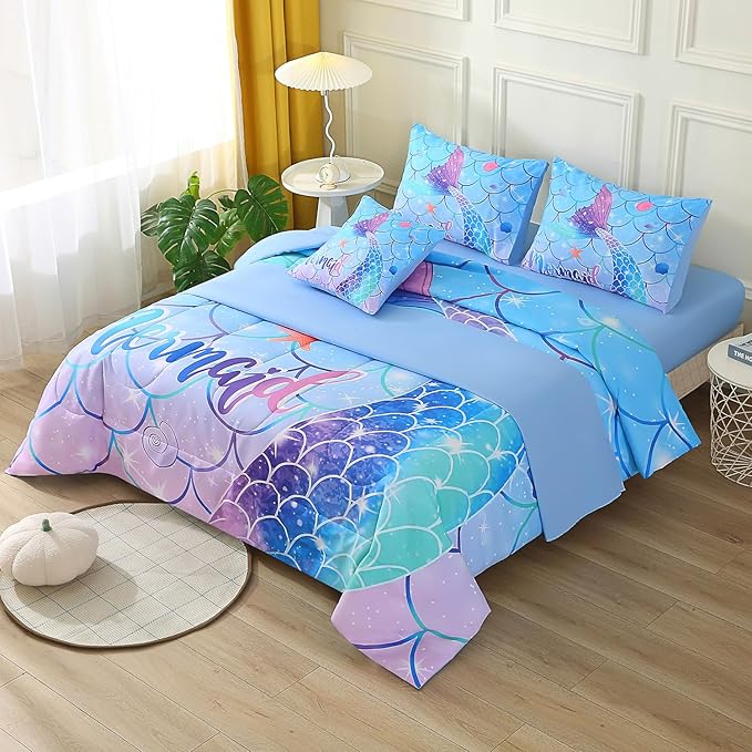 JQinHome Mermaid Comforter Set Full Size, 6 Piece Mermaid Tail Bed in A Bag,3D Colorful Mermaid Bedding Set for Girls Kids, Sparkle Teal Bedroom Decor Bedding Set with Sheets (Blue)