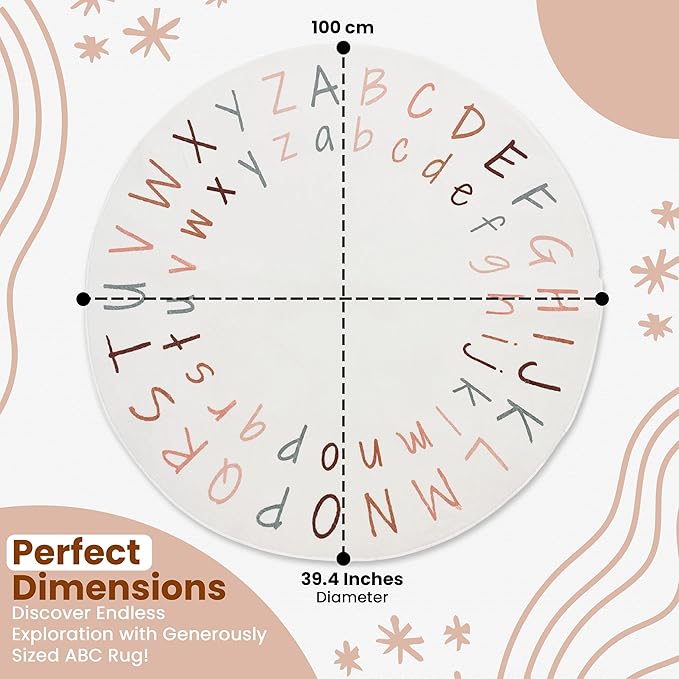 ABC Rug for Kids Room | 40 Inch Round Alphabet Rug with Capital and Lowercase Letters | ABC Boho Classroom Rug for Alphabet Learning