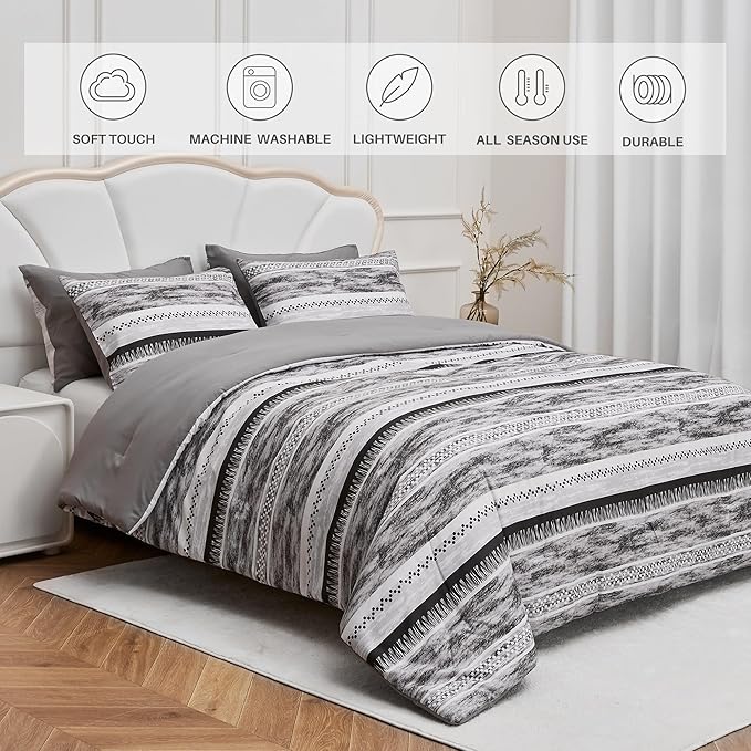 Striped Queen Size Comforter Set, Grey Black 3 PCS Microfiber Soft Lightweight Bedding Set