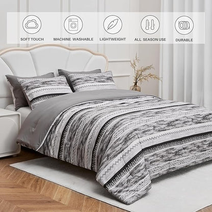 Striped Queen Size Comforter Set, Grey Black 3 PCS Microfiber Soft Lightweight Bedding Set
