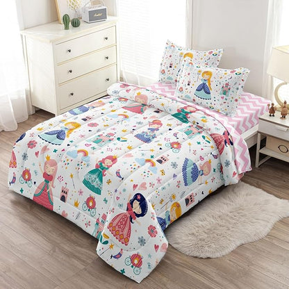 Girls Twin Bedding Sets, Kids Comforter Set for Teens w/Sheets and Pillowcase, Soft Reversible Cartoon Princess Bed in a Bag Sets